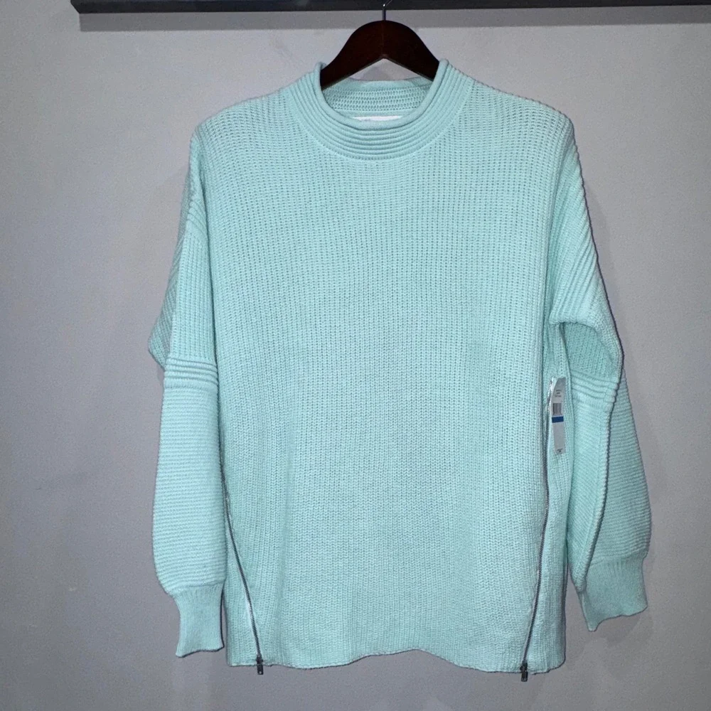 Fever Sweater Dusty Aqua Mock Neck Balloon Sleeve Chunky Knit Zipper‎ Sz XL NWT